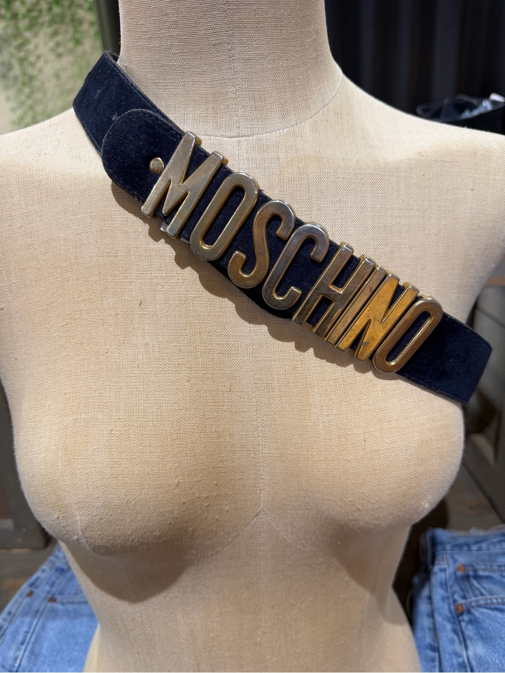 VINTAGE Moschino Black Suede Belt with Large Gold MOSCHINO Letters